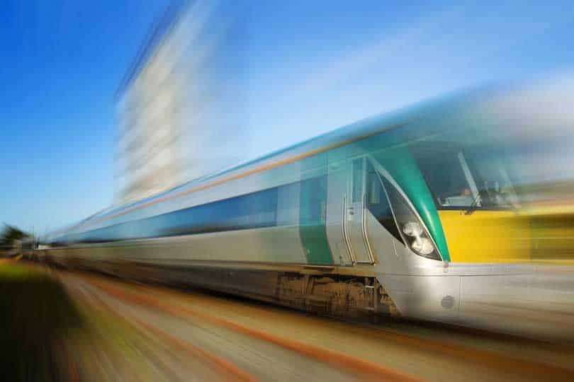 Irish Rail train speeding along rail network route