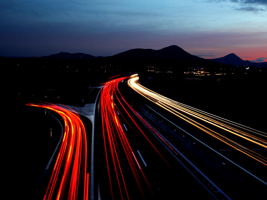 Roads at night with brake lights shining, long exposure shot